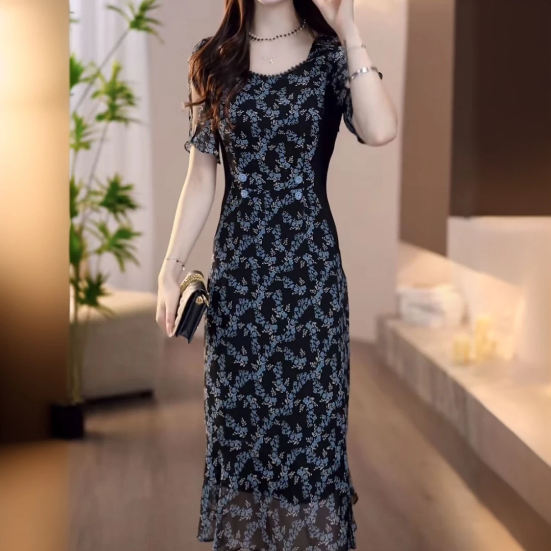 高级琉璃丝时尚洋气百搭碎花假两件礼服裙2025春夏新款显瘦连衣裙