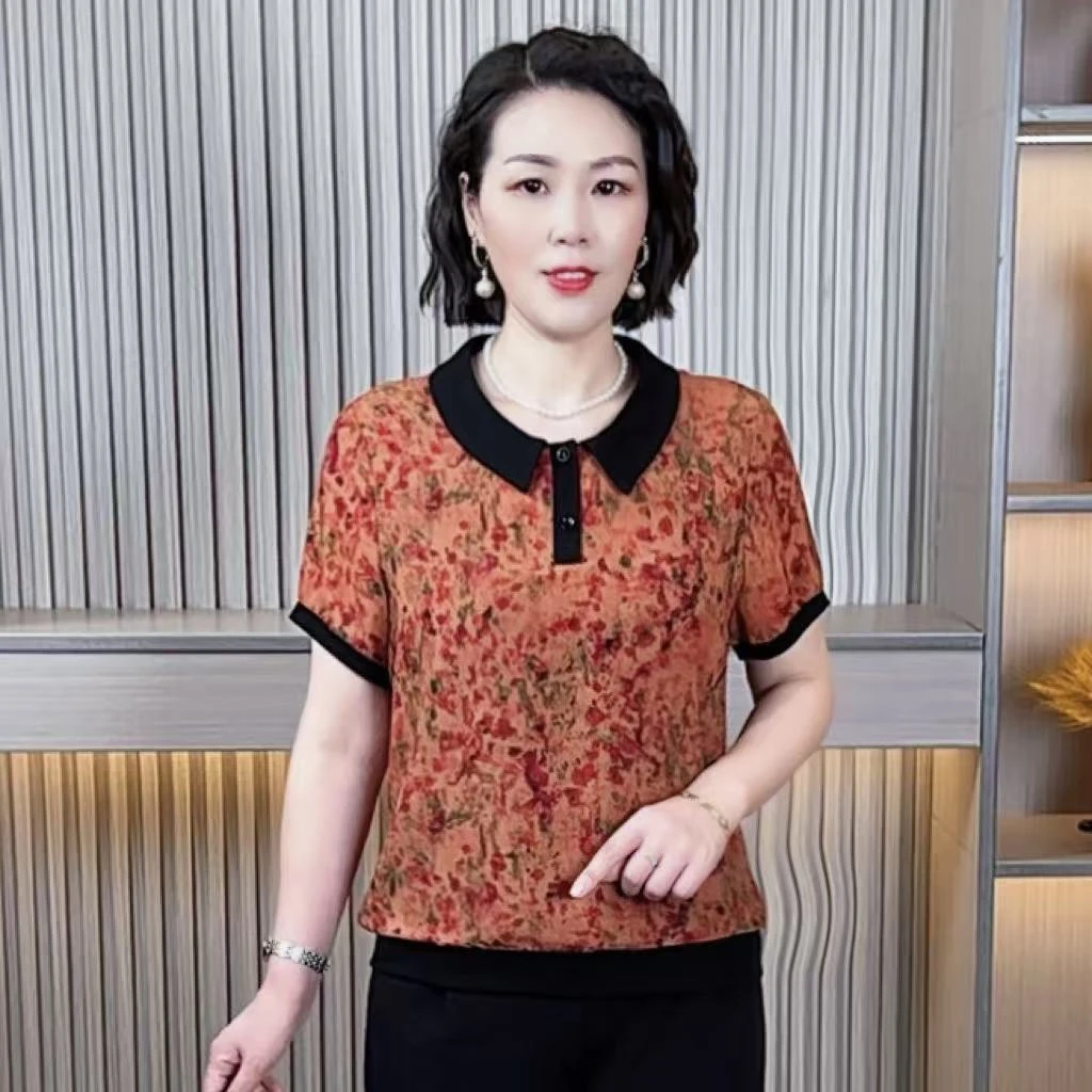 妈妈装短袖新款中老年上衣夏季女时尚气质翻领大码母亲节洋气衣服