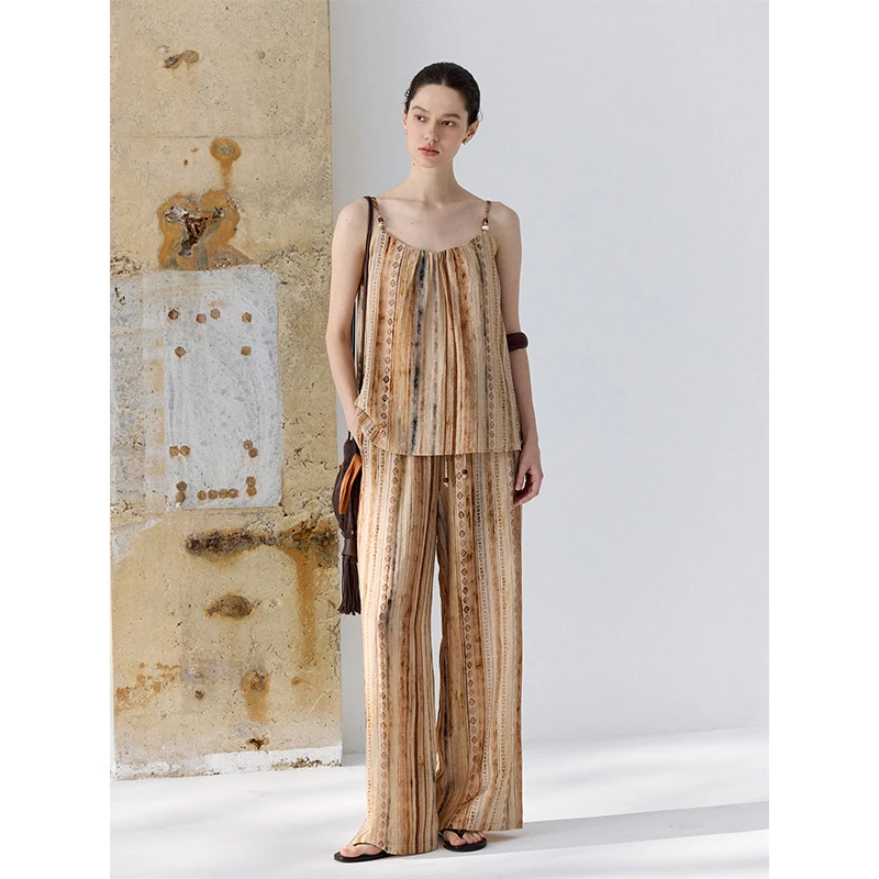 CHALAMON夏拉蒙 亚麻混纺度假风气质显瘦吊带长裤套装