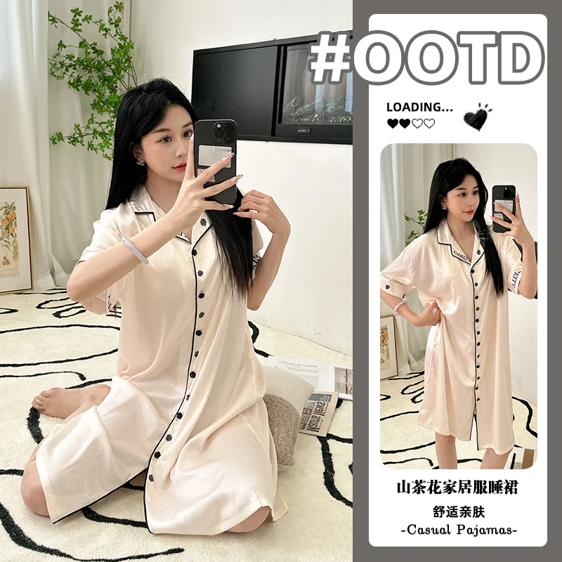 夏季新款香奶奶家山茶花宽松休闲居家舒适轻奢风女款睡衣女睡裙