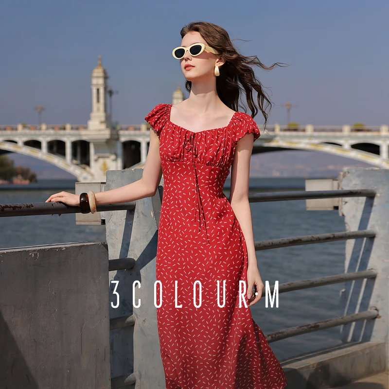 三彩2025夏季新款法式连衣裙方领系带收腰A字裙飞飞袖长裙M