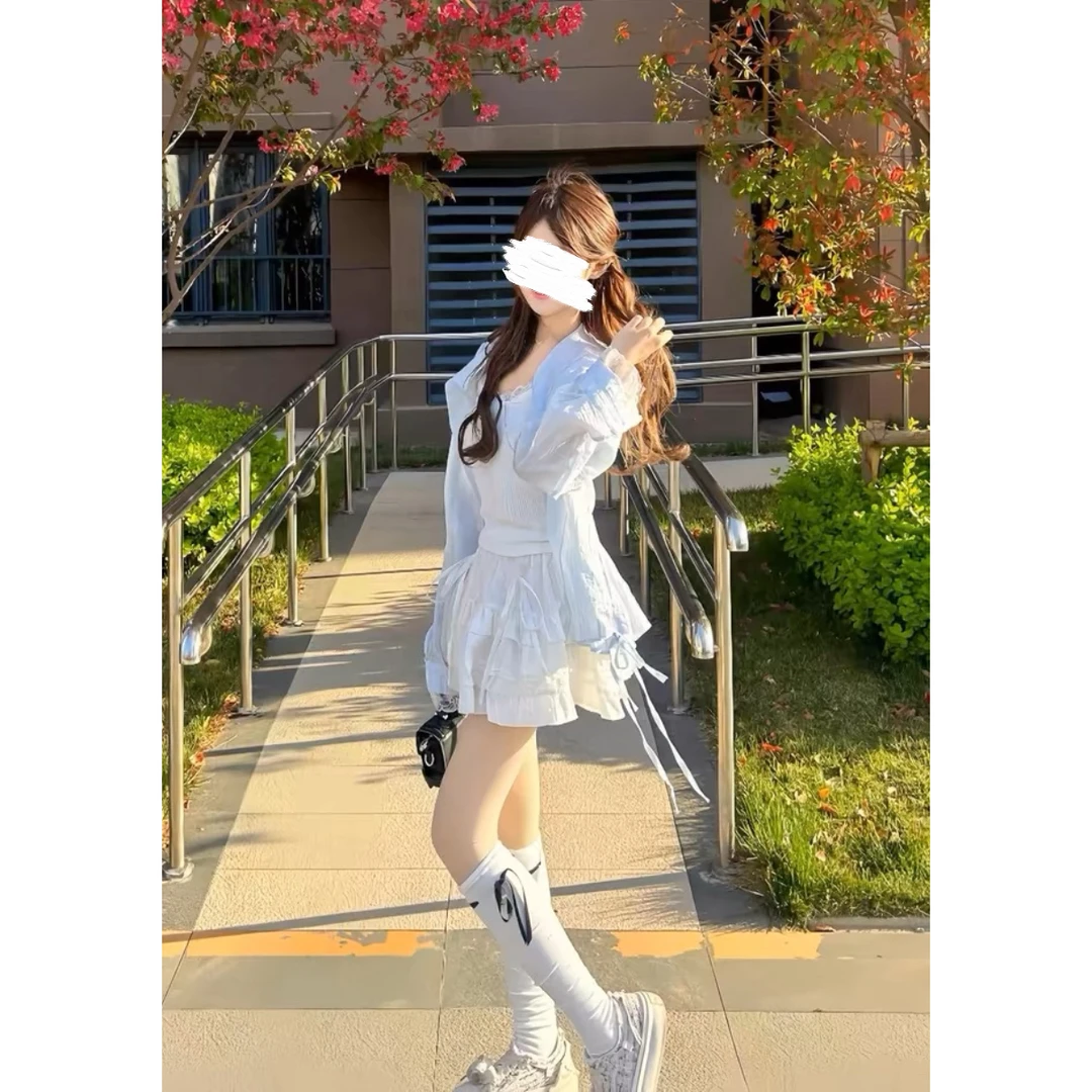 小清新甜美乖巧蓝色防晒衬衫吊带内搭半身裙女三件套装