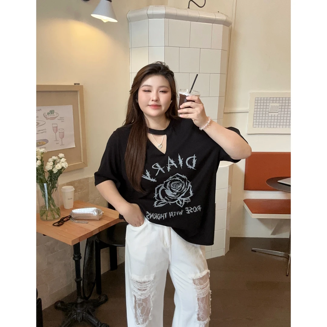 现货 洋开心【荆棘玫瑰】大码胖mm时尚宽松简约圆领短袖上衣 Y6263