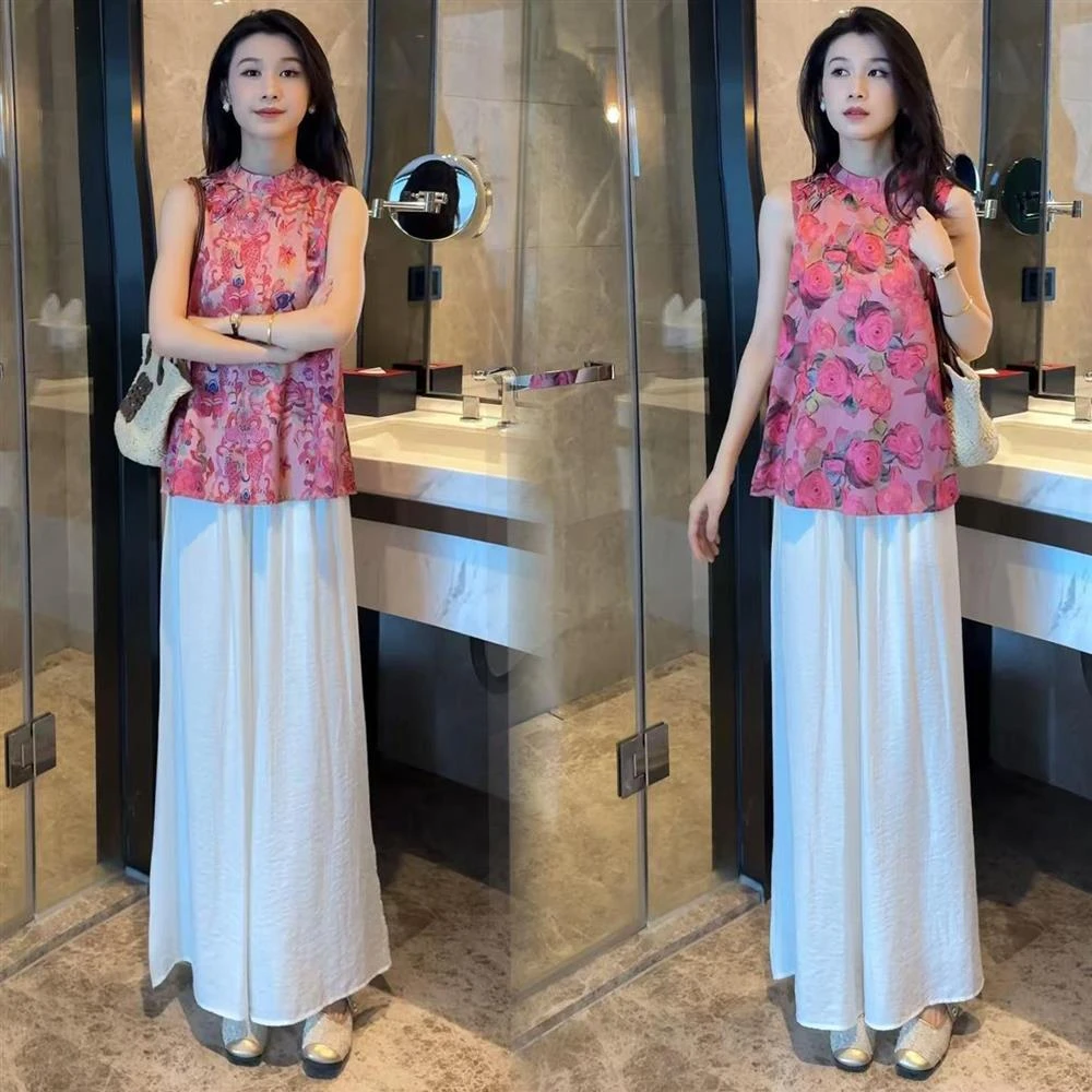 2025夏季新款女士中式国风套装洋气圆领提花旗袍衬衫阔腿裤两件套