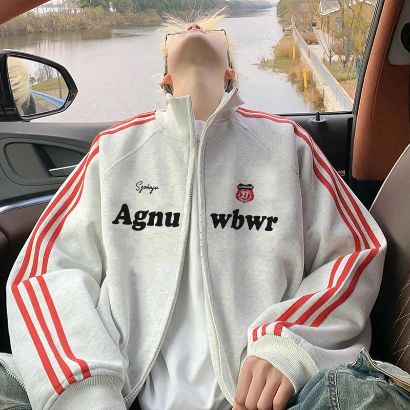 美式ins风字母印花三条杠开衫拉链卫衣男女秋冬季立领情侣款外套