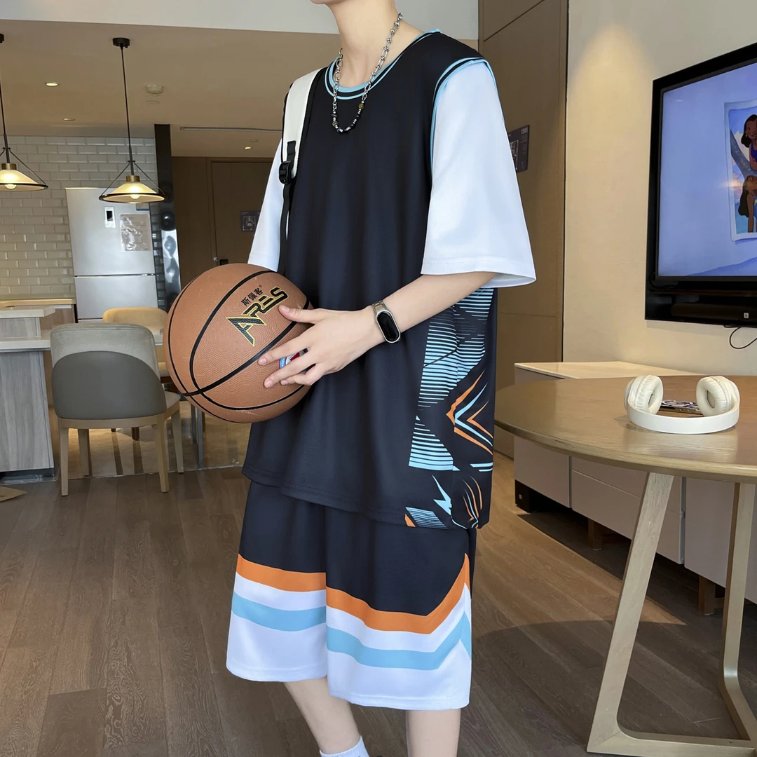 夏季冰丝无袖t恤男初中生宽松速干背心球衣青少年运动篮球服套装