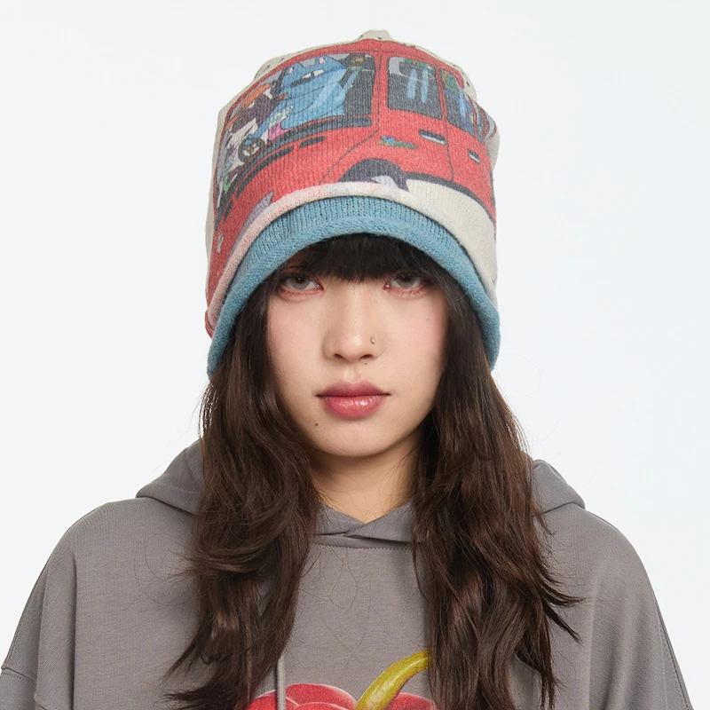 TIPSEVEN 原创设计复古时髦休闲百搭卡通印花针织毛线堆堆帽新款