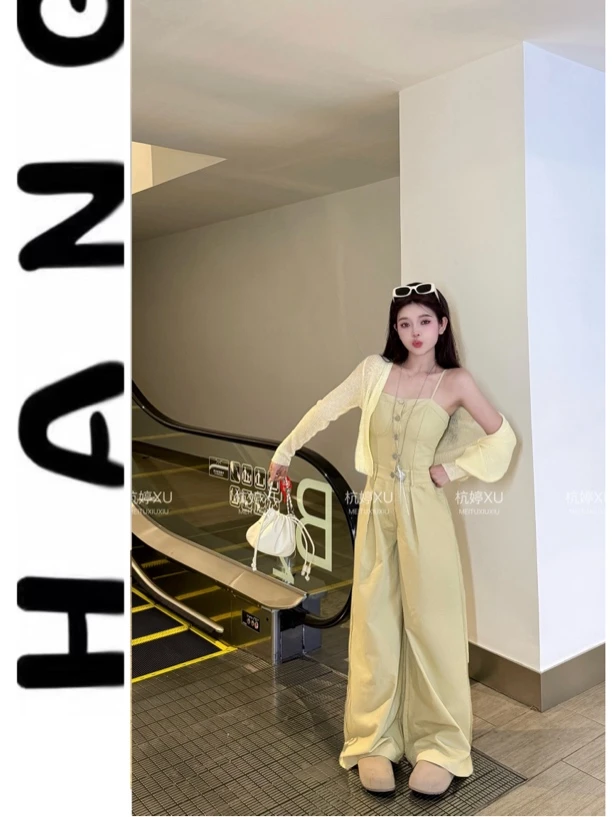 【放松时刻】韩版新款高级设计感显瘦吊带连体阔腿裤