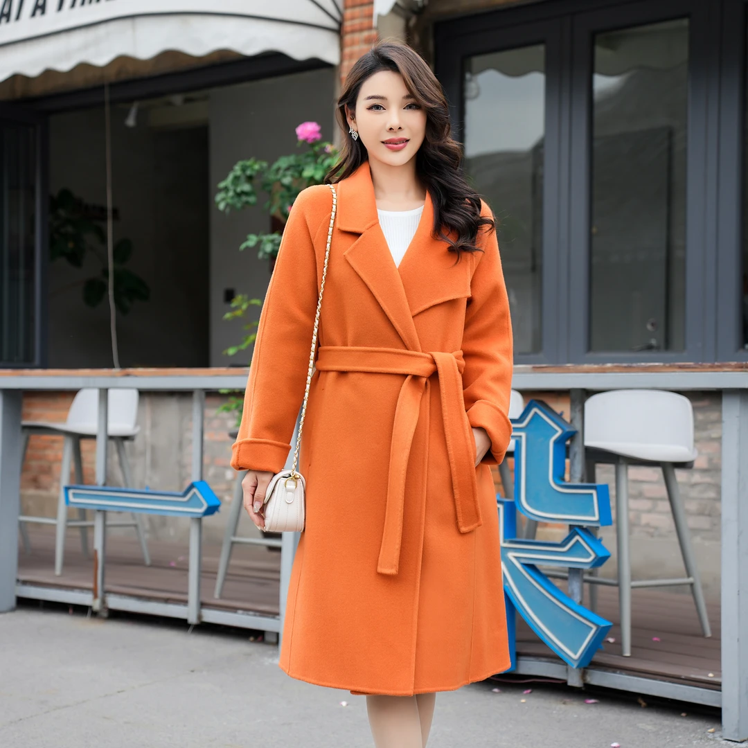 宏丰913【反季大促&山茶花长款】精致鸳鸯领双面含山羊绒大衣外套