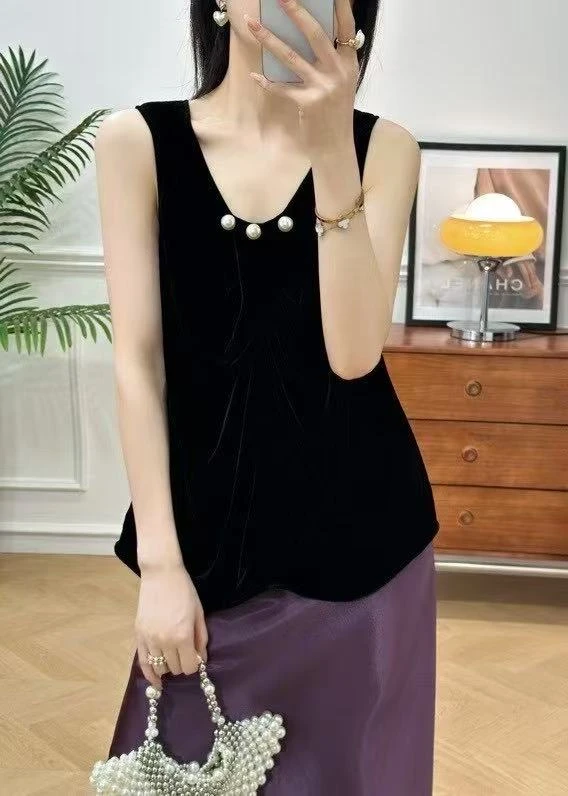 真丝丝绒性感背心女夏季新款钉珠无袖上衣