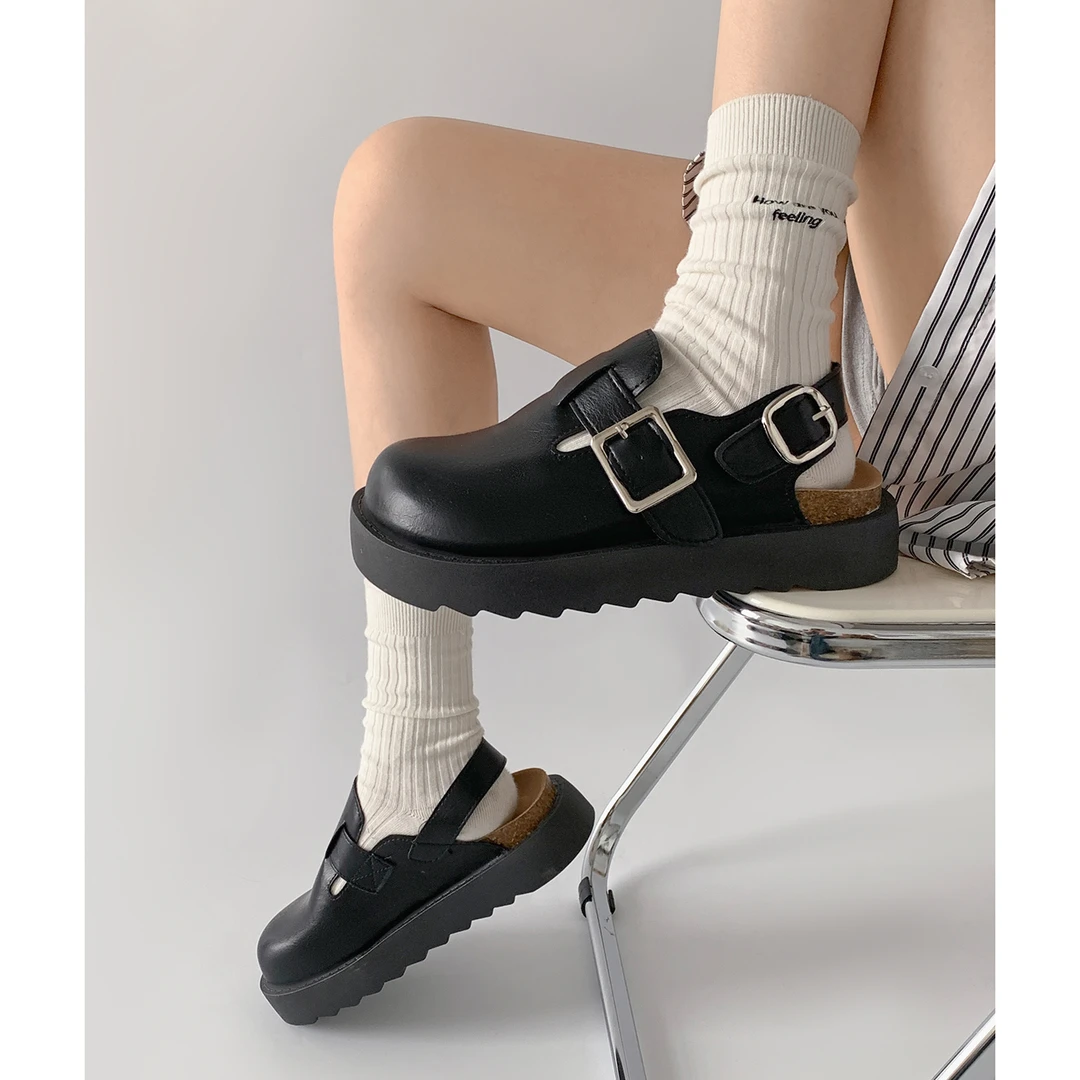 南在南方复古黑色厚底包头凉鞋女2025新款春秋外穿配裙子勃肯凉鞋