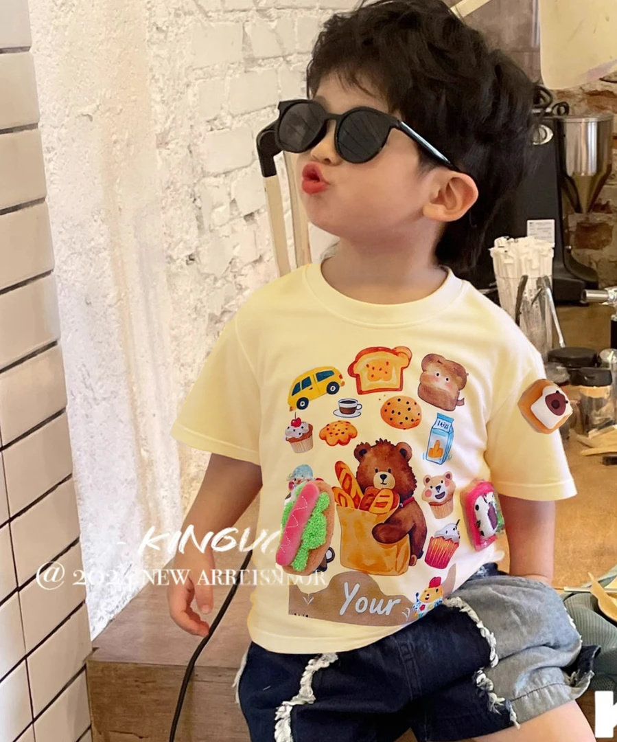 热狗T儿童T恤立体玩偶夏季纯棉短袖新款洋气宝宝宽松卡通小熊上衣