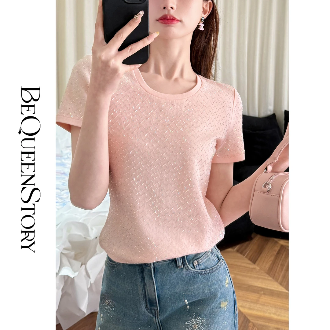 BeQueenStory【心电感应】2025新款轻奢时髦烫波浪钻设计百搭短袖T