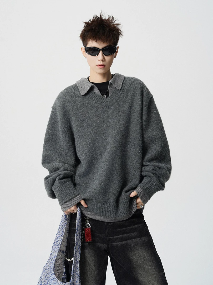 秋冬POLO假两件V领针织毛衣男美式休闲软糯舒适线衫外套