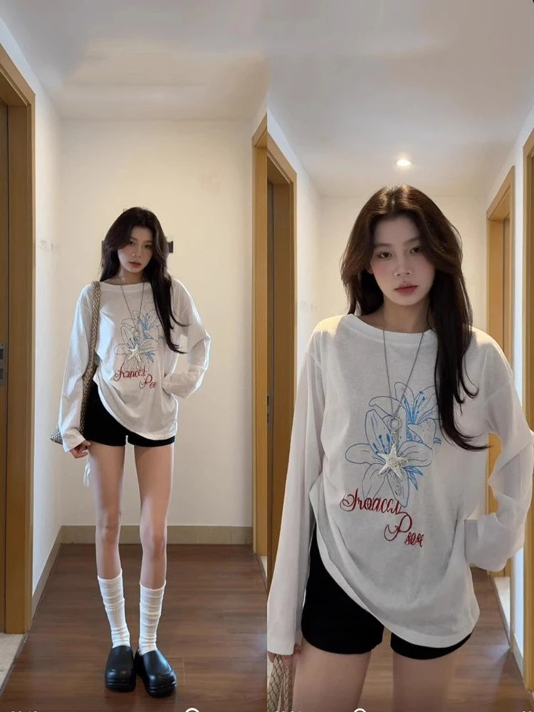 韩系印花设计白色长袖防晒衣女ins夏季慵懒风氛围感百搭罩衫上衣