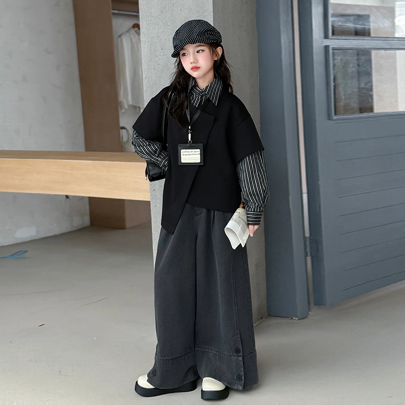 女童春秋款套装2025新款中大童洋气时髦韩系假两件衬衫秋装两件套