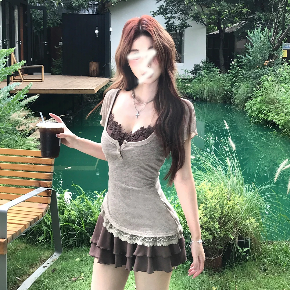 可可拿铁真两件蕾丝连衣裙蕾丝咖啡棕女夏季收腰裙子