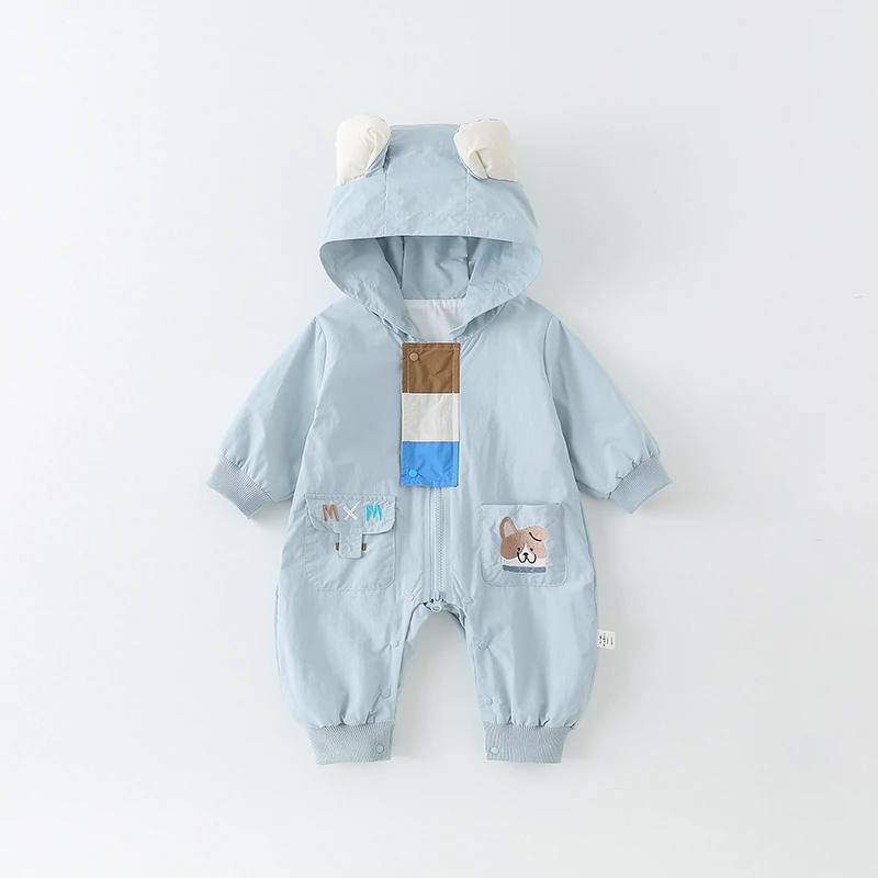 婴儿衣服春季男宝宝卡通萌趣连体衣外套新生儿春款洋气连帽外出服