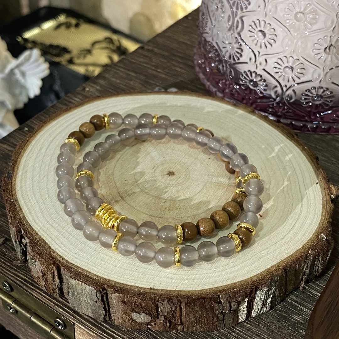 金丝楠木圆珠搭烟紫玉髓圆珠合金配件手串