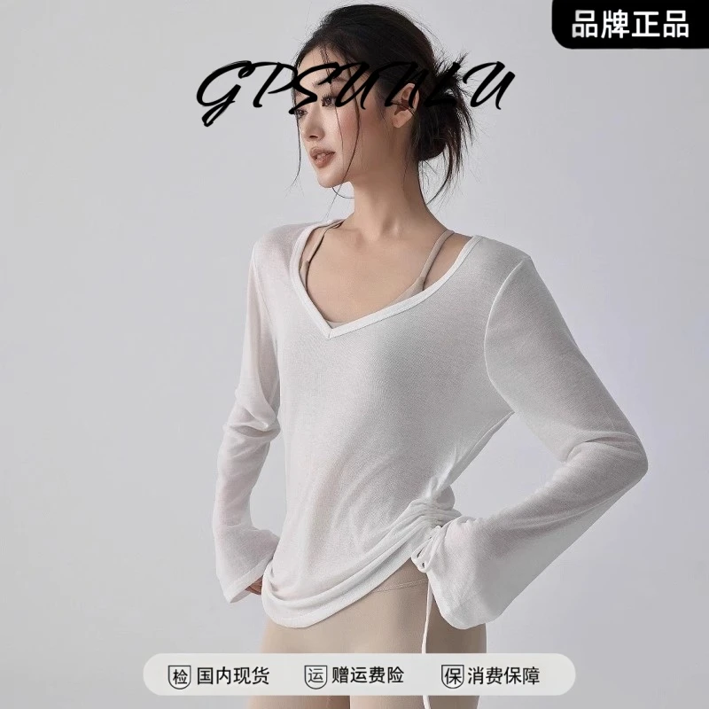 GPSUNLU宽松速干运动罩衫女遮臀显瘦健身衣V领抽绳瑜伽服长袖