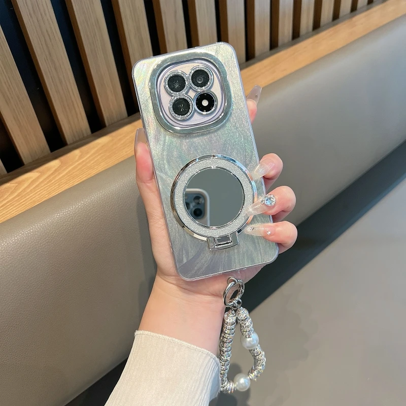镜头膜适用oppoa5手机壳带镜子支架挂绳5G爱心羽纱全包防摔PBAM00