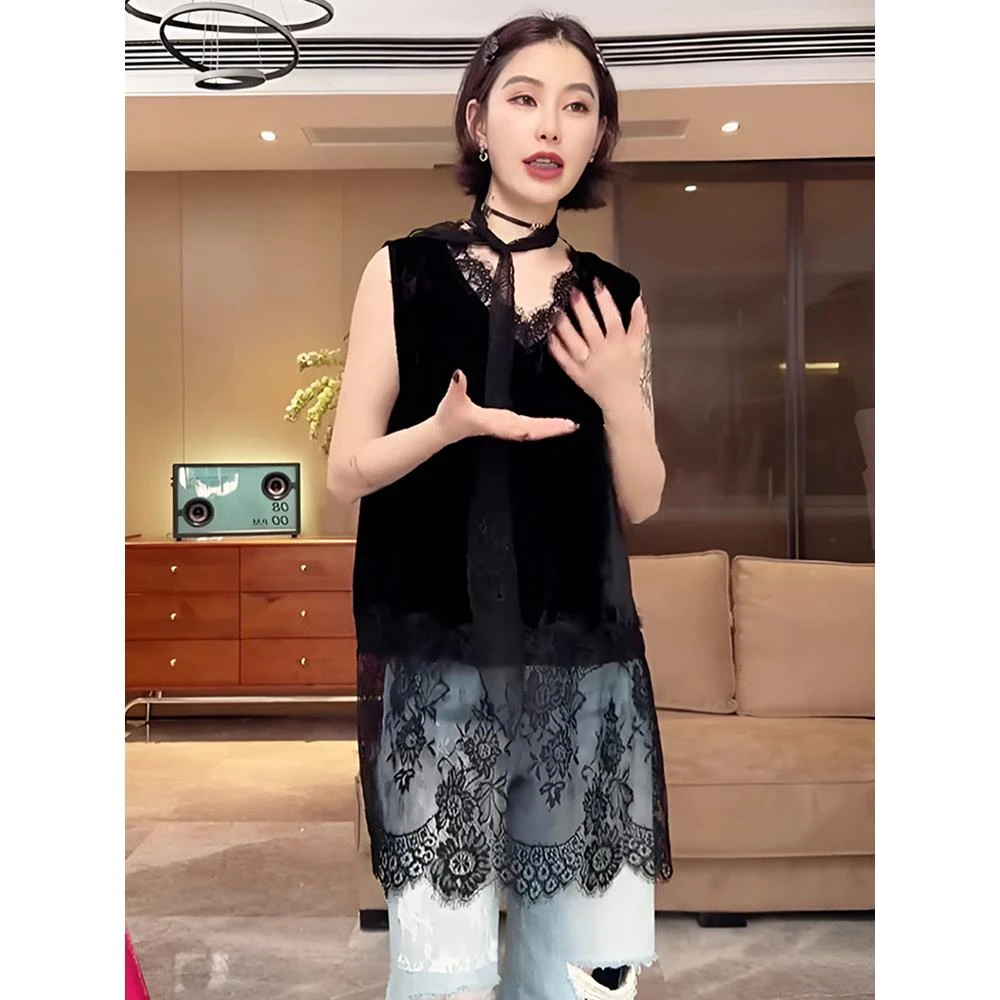 【方寸间】高级感黑色v领无袖背心连衣裙女春夏宽松设计感蕾丝长裙