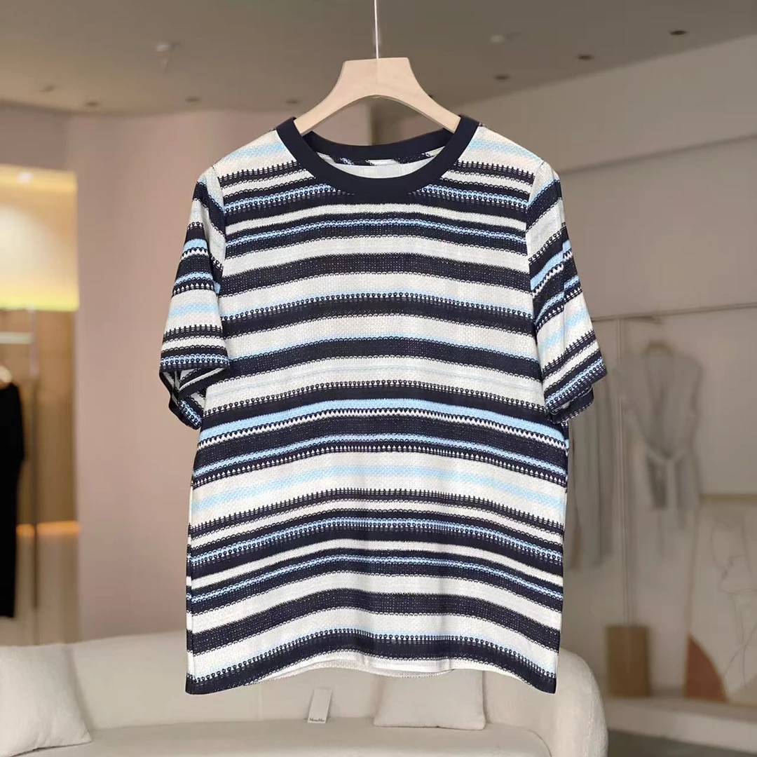 MeraxMer100%桑蚕丝03双绉撞色条纹圆领小衫·宽松显瘦真丝上衣