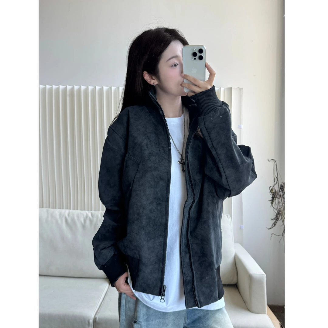 美式复古立领工装夹克男春秋季高级感痞帅硬汉皮衣外套情侣棒球服