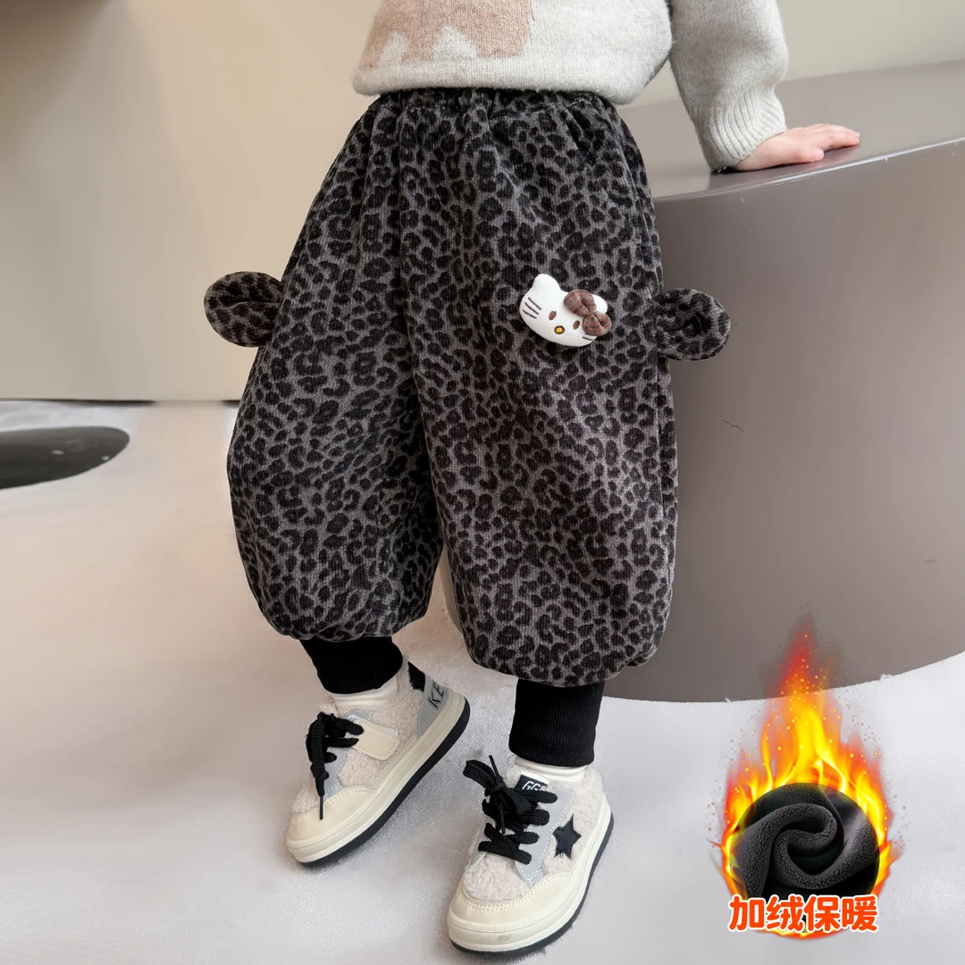 女童加厚豹纹羊驼绒休闲裤冬装女宝宝加绒一条过冬棉裤束脚卫裤潮