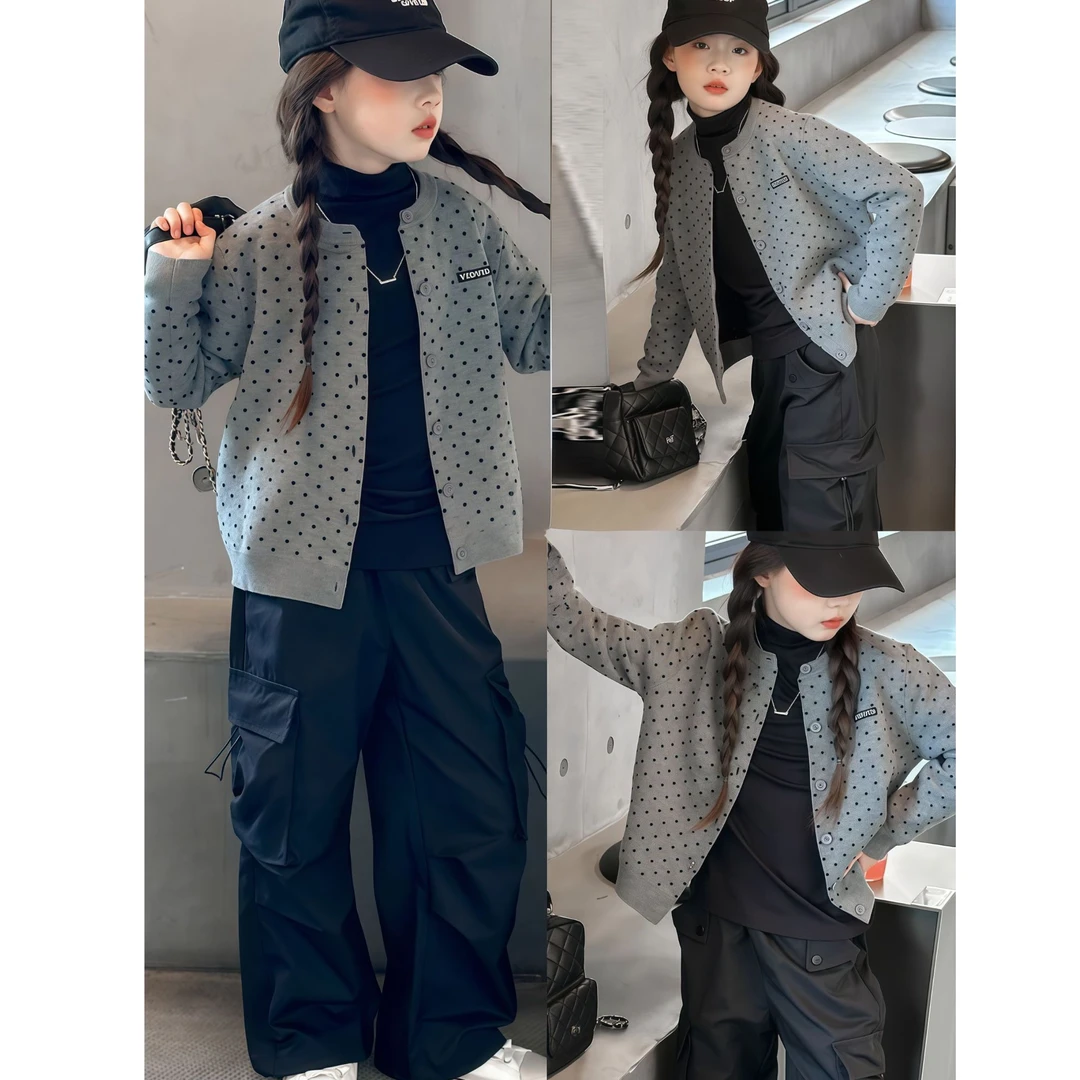女童针织开衫薄款春秋2025新款洋气儿童毛衣外套女孩大童早秋套装