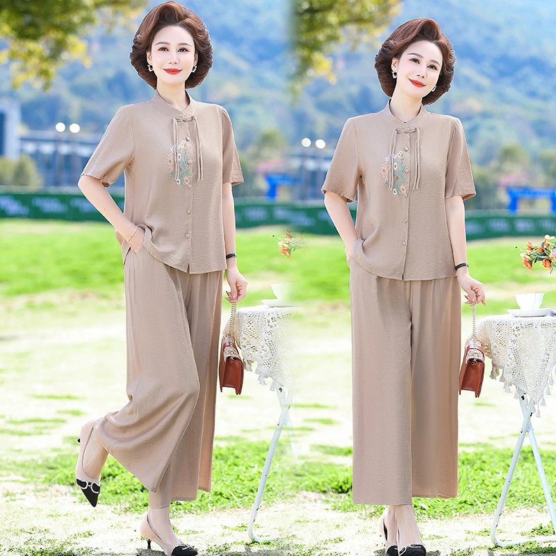 妈妈夏装短袖衬衫大码宽松中老年女夏季套装洋气高贵阔腿裤两件套