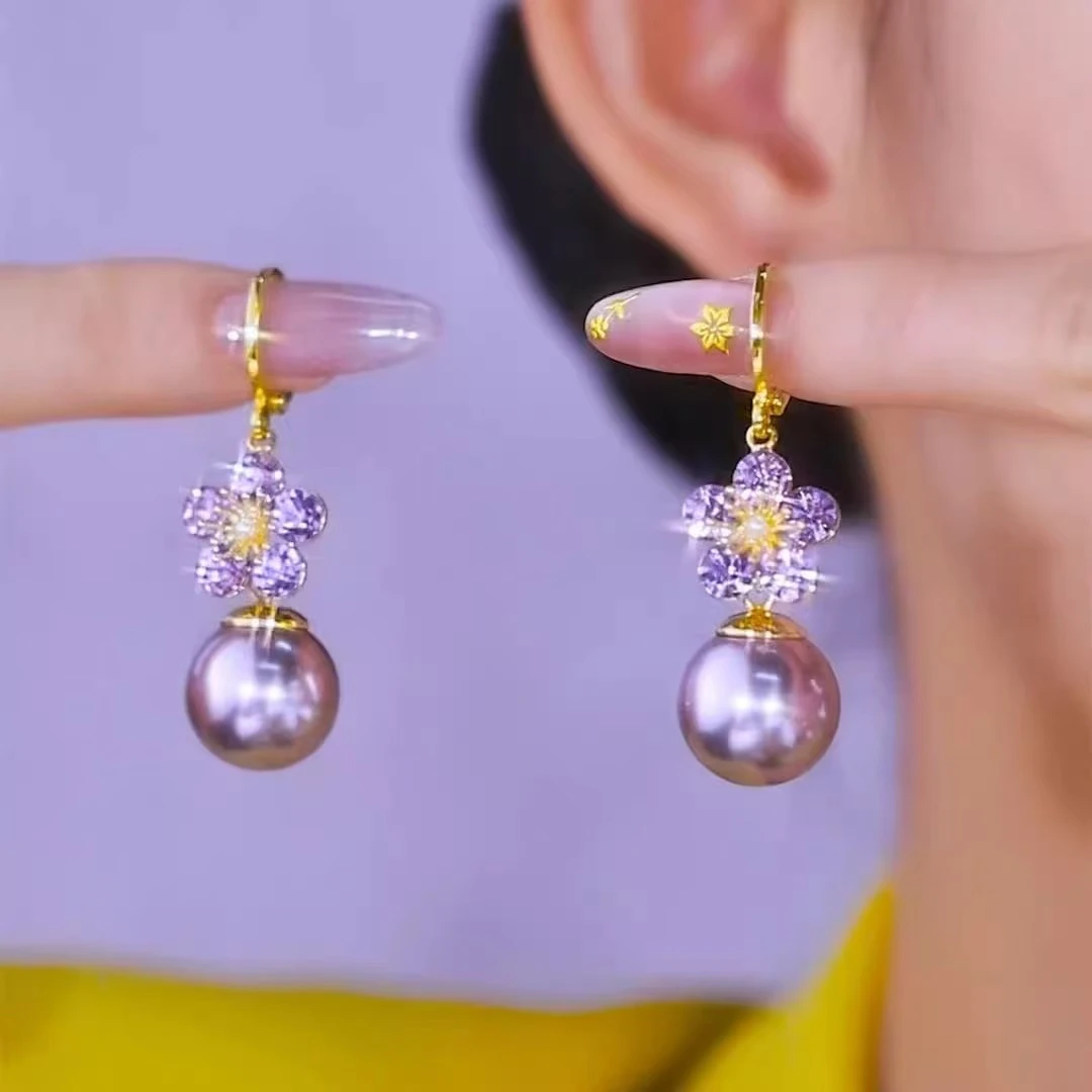 非金属合成锆石耳饰 超闪紫色花朵铜合金耳扣耳