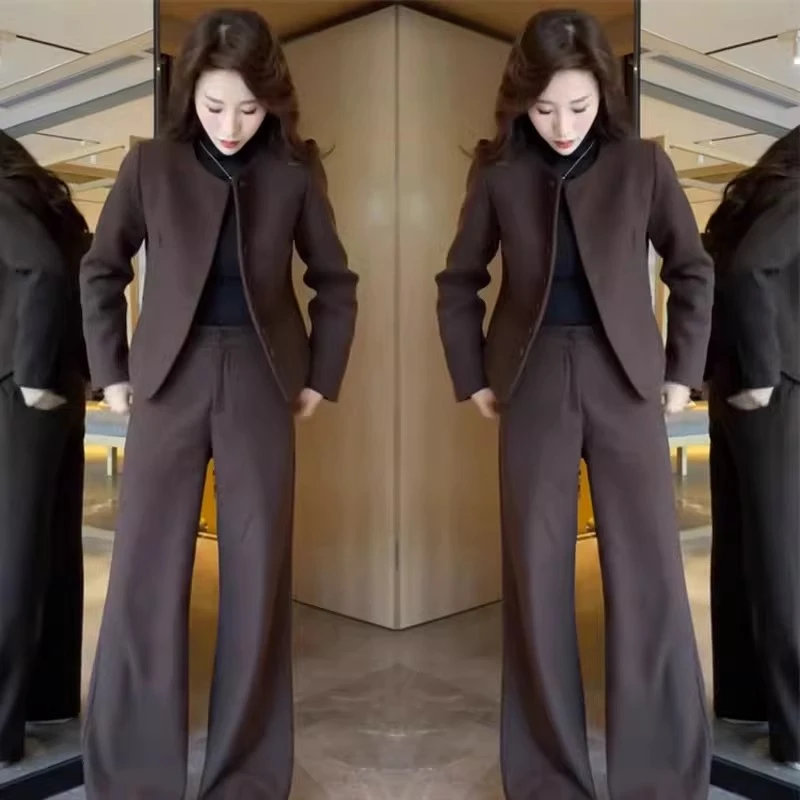 大码女装时尚套装2025秋冬新款咖色西装阔腿裤两件套显瘦加棉外套