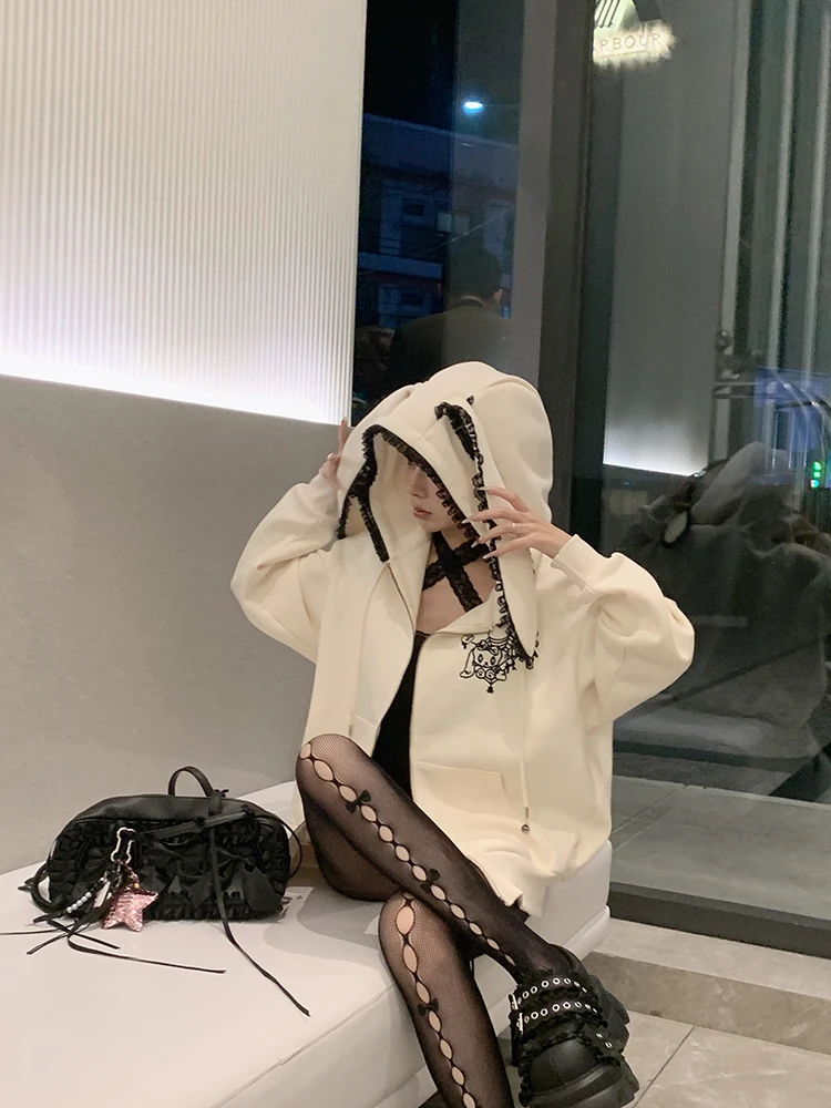 【 MEYSIKIM】MD1334甜酷暗黑萝莉蕾丝边立体兔耳朵宽松卫衣外套