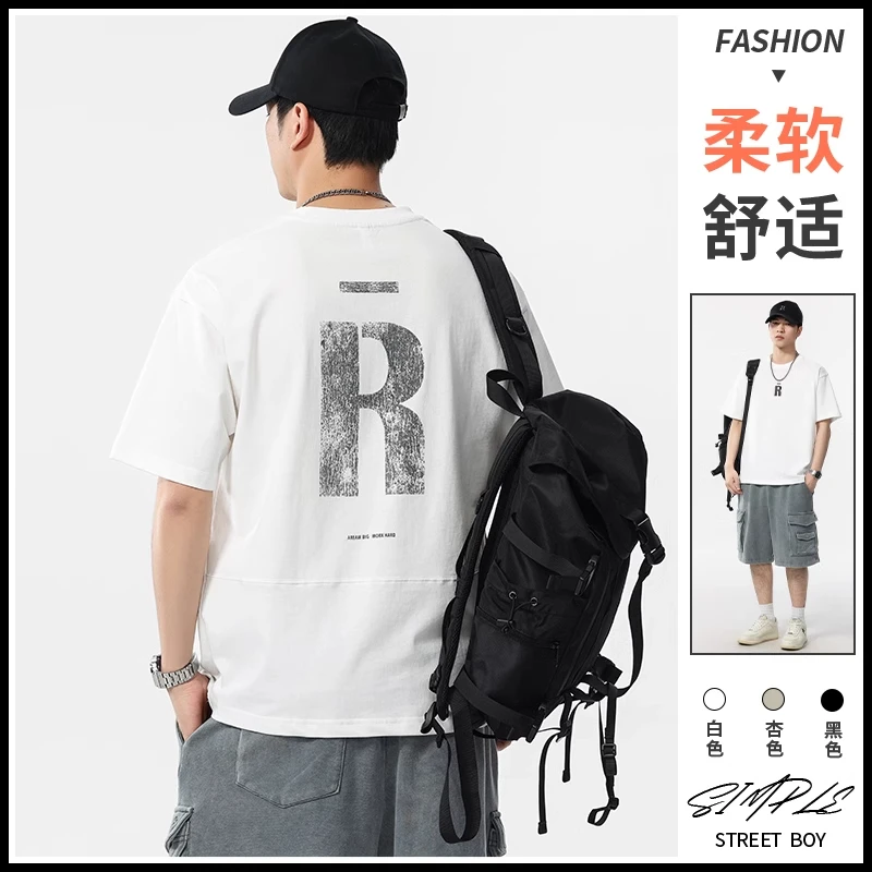 真维斯潮牌男士t恤简约字母印花宽松短袖美式创意设计感休闲上衣