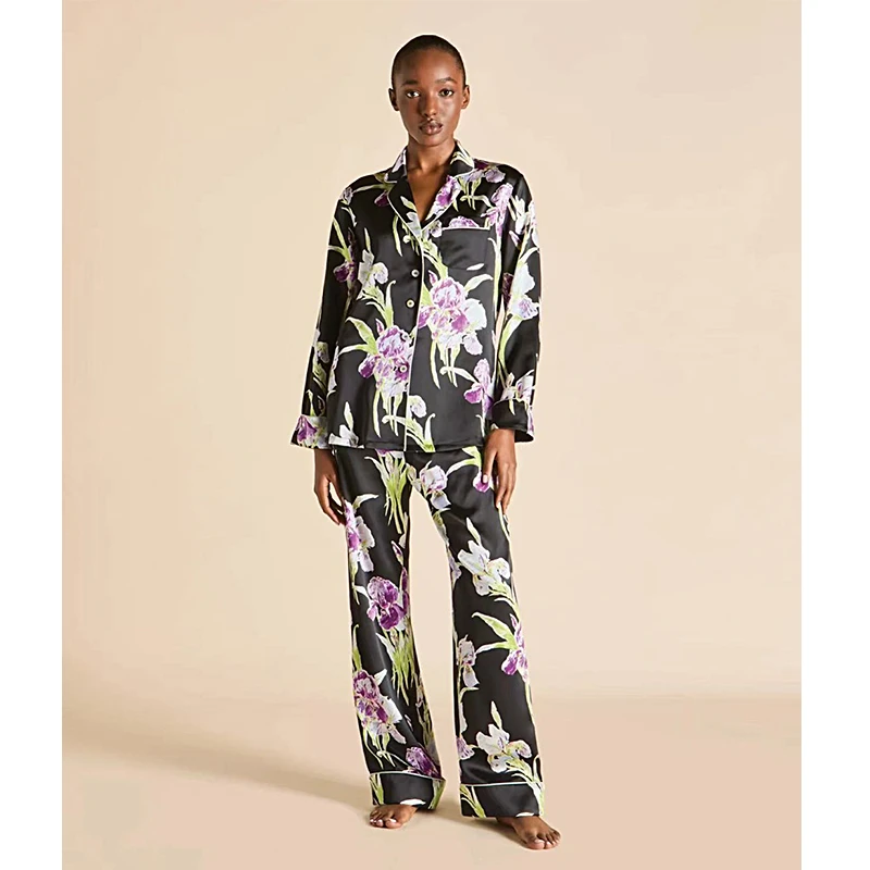 米诗缇【黑色鸢尾花长袖长裤】小众设计师可外穿长袖长裤睡衣家居服