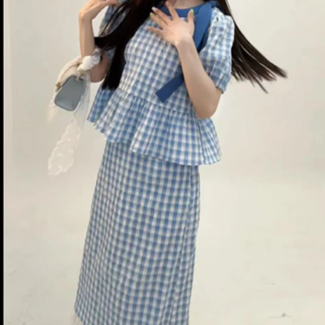 2025夏季新款法式气质度假风蝴蝶结格子上衣长群短裤女装财阀套装