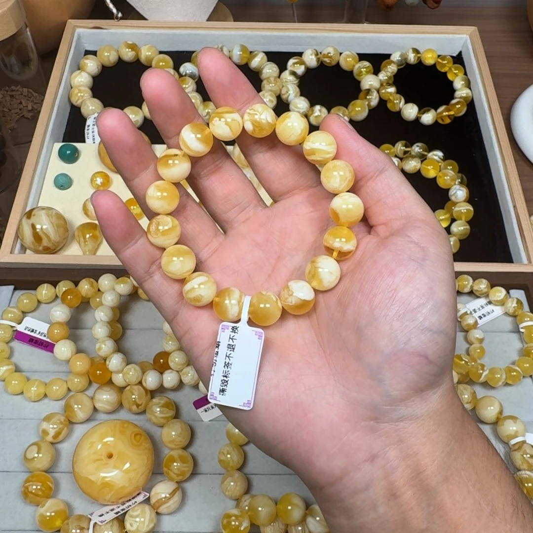 蜜蜡未镶嵌手链12金瓷白妖孽17克