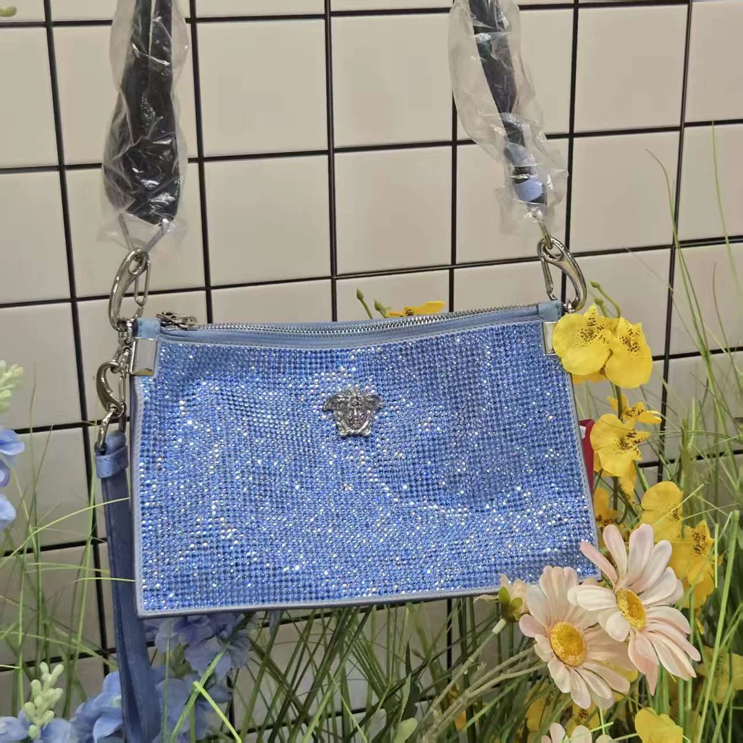 95新 VERSACE/范思哲 达达/蓝色水钻手拿斜挎包