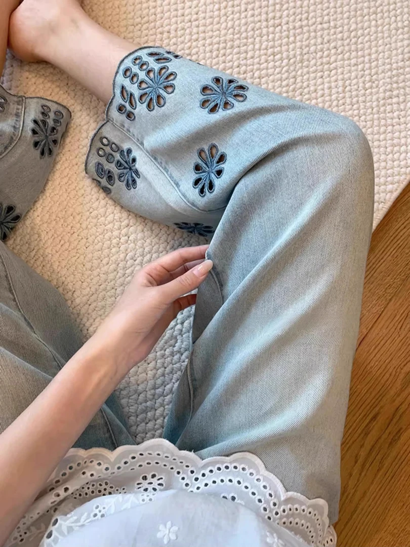 蓝色镂空刺绣花边九分牛仔裤女夏薄款设计感阔腿高腰显瘦气质裤子