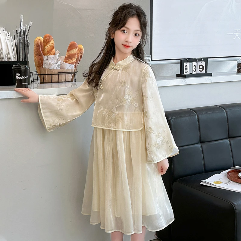 女大童春秋款长袖复古连衣裙2025新款初中生女孩盘扣汉服女生裙子