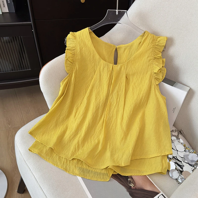 法式复古圆领上衣女2025夏季新款洋气宽松显瘦气质百搭小飞袖衬衫