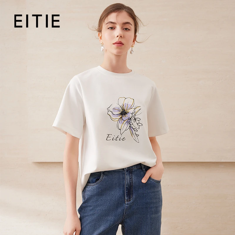 EITIE爱特爱25年夏款夏日舒适休闲风花朵印花宽松短袖T恤B2502602