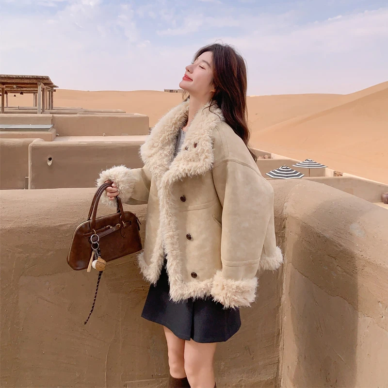 毛绒绒两面穿皮毛一体外套2025冬新款复古机车风小众ins加厚棉衣