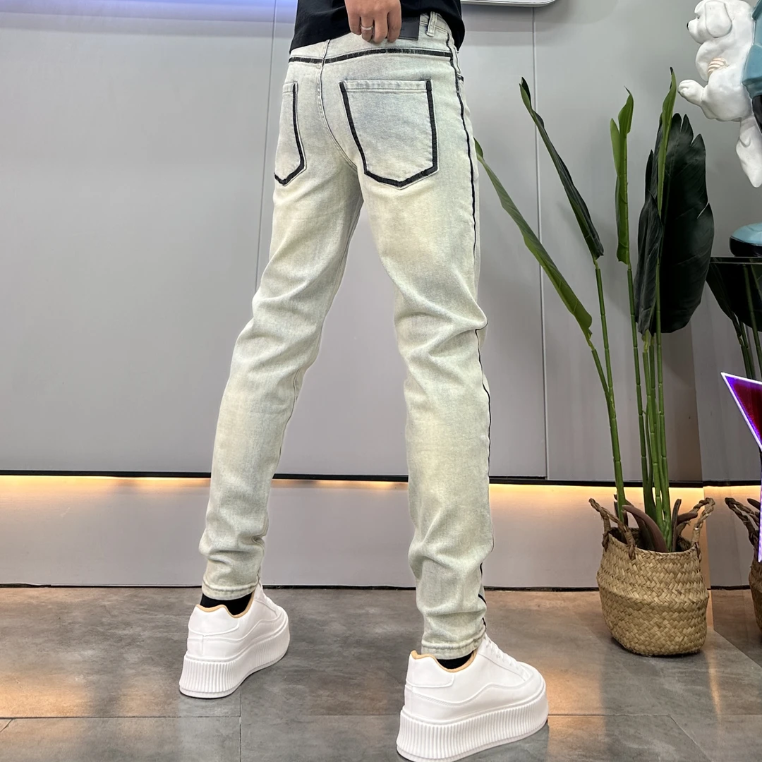 潮牌时尚条纹手绘涂漆修身牛仔裤2025春夏新款复古色潮流裤子