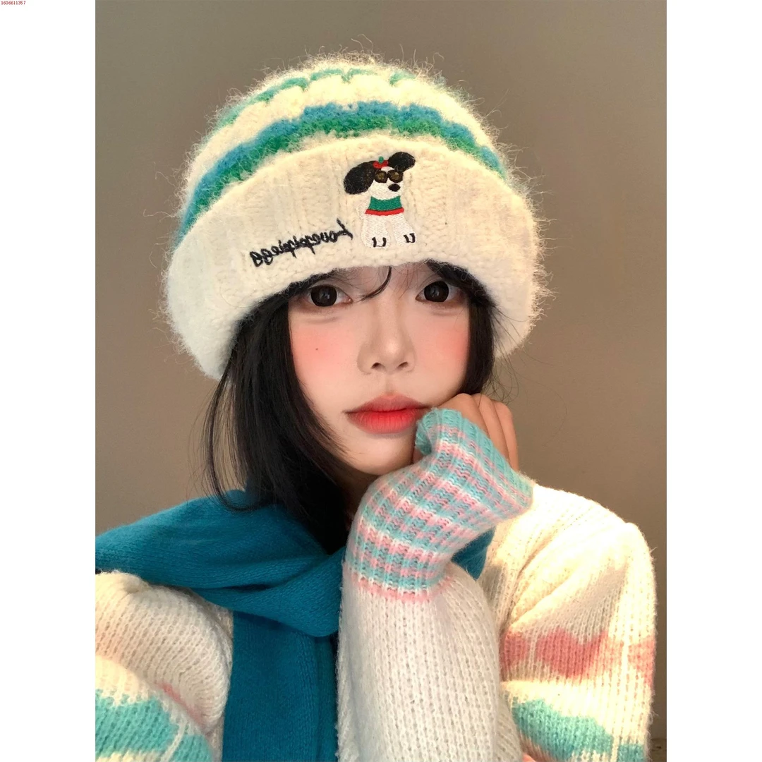 可爱小狗刺绣条纹毛线帽女秋冬季韩系显脸小针织帽大头围保暖帽子