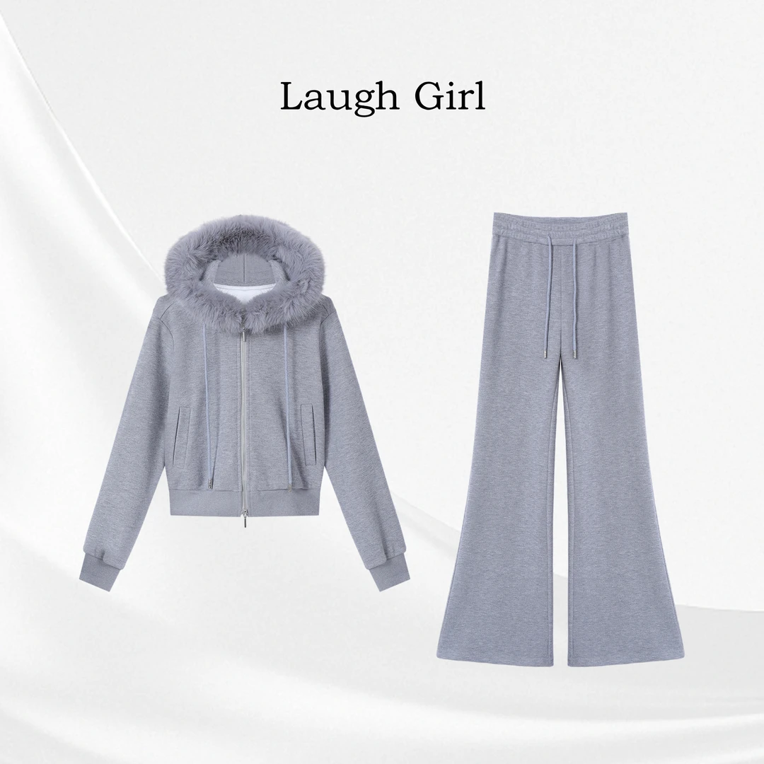 楚楚君 Laugh girl【暖呼呼】加绒毛领拉链上衣+微喇裤套装DL55066J