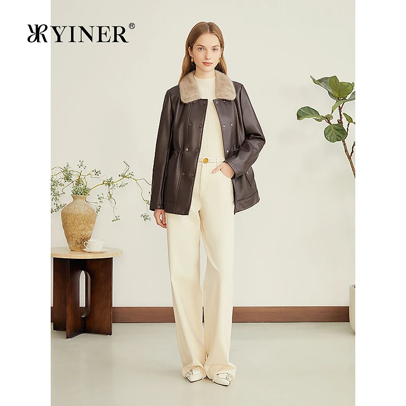 YINER音儿专选2025冬季新款复古巴恩风撞色水貂毛领绵羊真皮皮衣