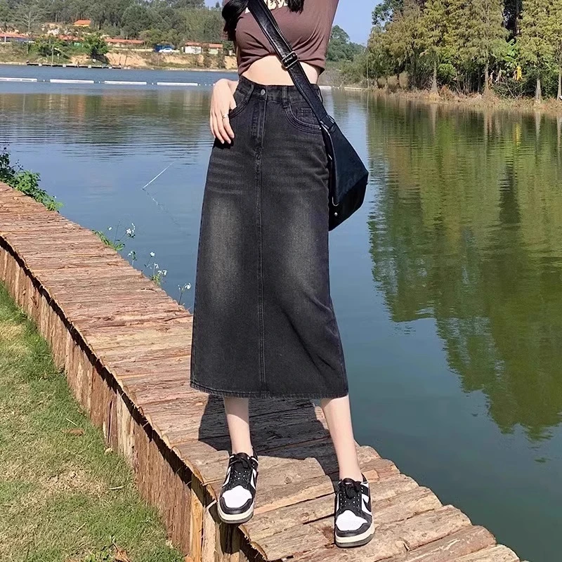 大码黑灰色牛仔半身裙女新款梨形身材遮胯显瘦开叉中长a字裙