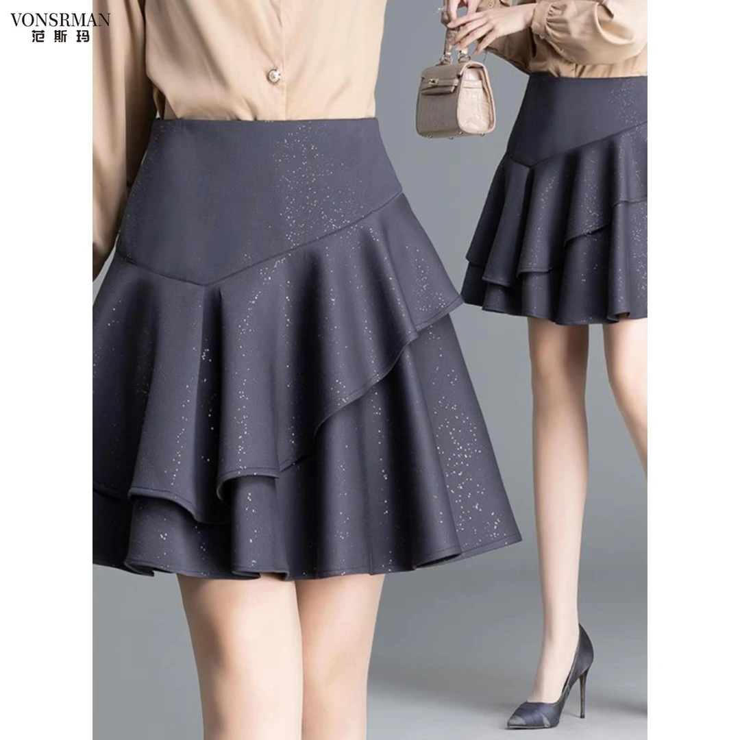 灰色亮片蛋糕裙女士秋冬新高腰修身Look反暴露褶边a字蓬松裙时尚a